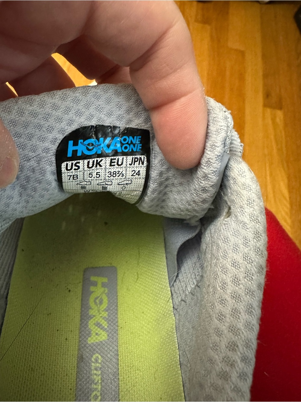 Hoka Women’s Clifton 9 Light Blue Gray Sneakers with Blue Logo and Lime Insole - Picture 3 of 5